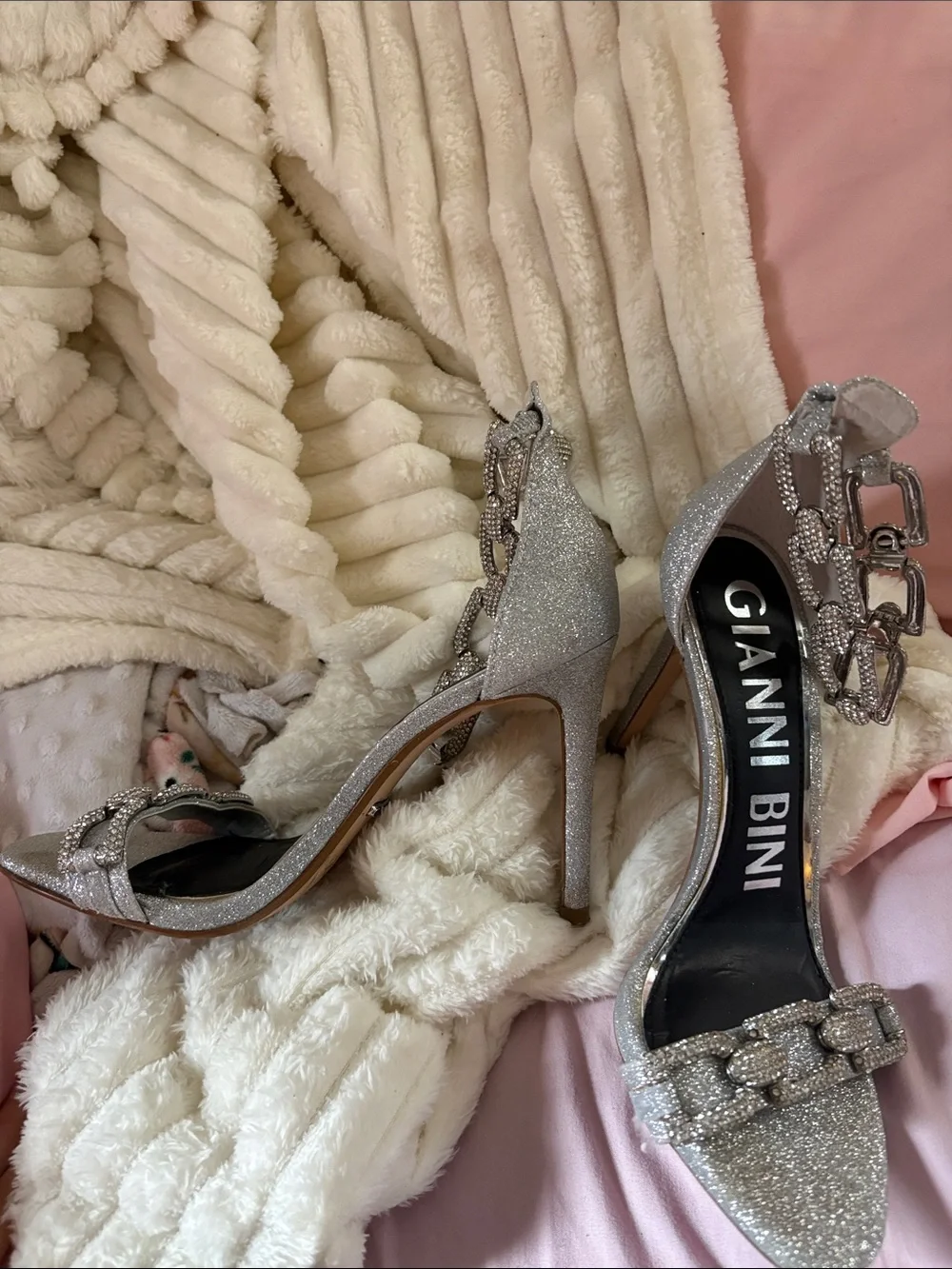 Gianni Bini Silver Glitter Chain-Accent Ankle Strap Heels